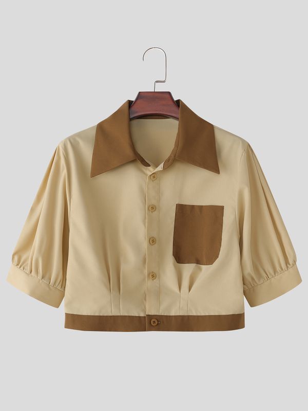 Men's High Street Party Color Block Cropped Puff Short Sleeve Shirt SKUL75730