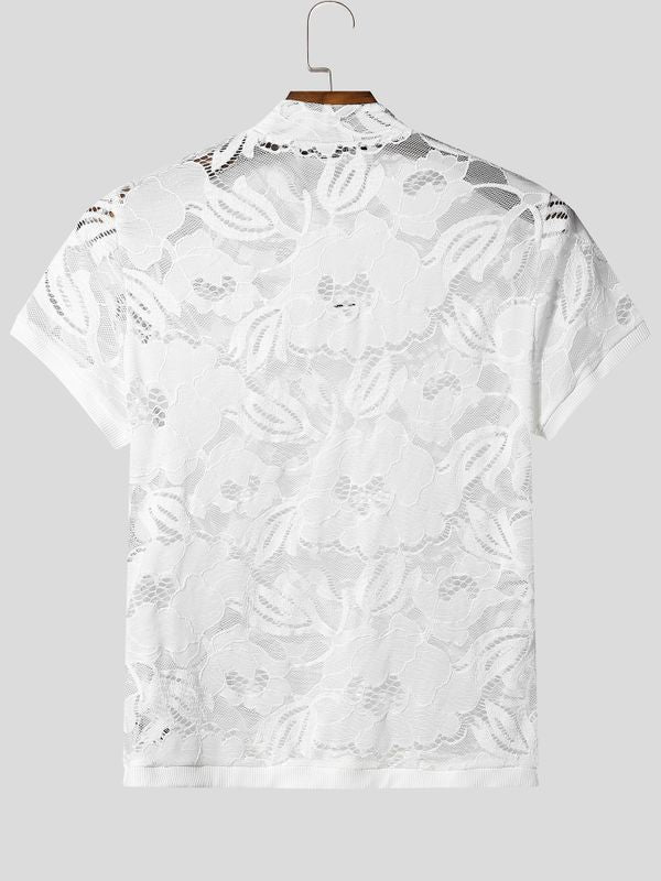 Men's Avant-Garde Semi-Sheer Floral Lace Mock Neck T-shirt SKUL58774