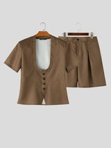 Men's Solid Color U-Neck Two Pieces Outfit SKUL60969