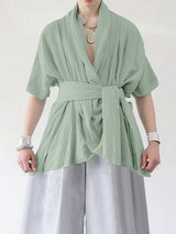 Men's Asymmetrical Placket Tie Short Sleeve Cardigan SKUL24951