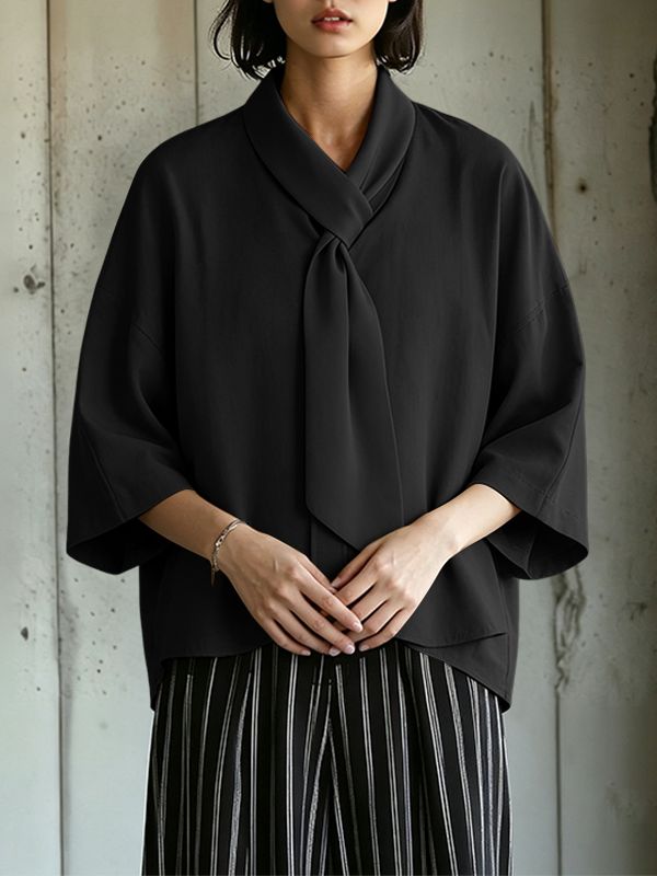 Men's Avant-Garde Integrated Tie-Neck Kimono-Sleeve Shirt SKUL64170