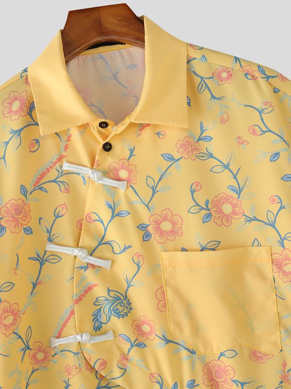 Men's Asymmetrical Vintage Floral Print Frog Button Boxy Shirt SKUL60912