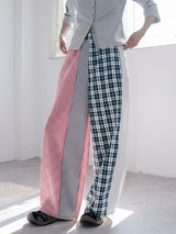 Men's Japanese Streetwear Asymmetrical Plaid Patchwork Wide-Leg Pant SKUL69636