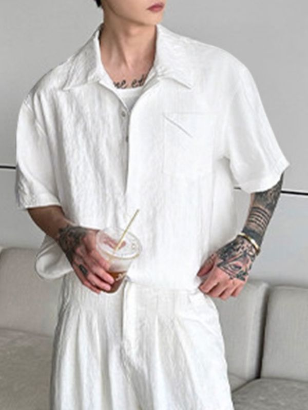 Men's Minimalist Crinkle Texture Chest Pocket Turn Down Collar Short Sleeve Shirt SKUL75726