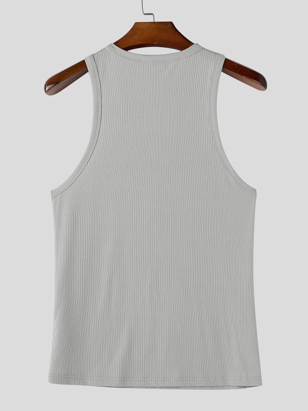Men's Gym Bodybuilding Ribbed Textured Half Zipper Deep V-Neck Tank SKUL65389