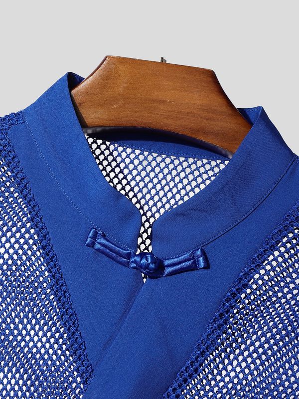 Men's Sheer Mesh Frog Button Half Sleeve Cardigan SKUL55372