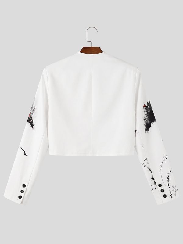 Men's Avant-Garde Gallery Plum Blossom Ink Print Collarless Structured Shoulder Long Sleeve Cropped Blazer SKUL79642