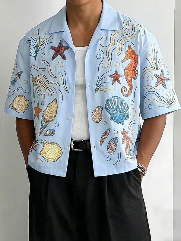 Men's Resort Vacation Lightweight Ocean Sea Life Graphic Cuban Collar Short Sleeve Shirt SKUL54692