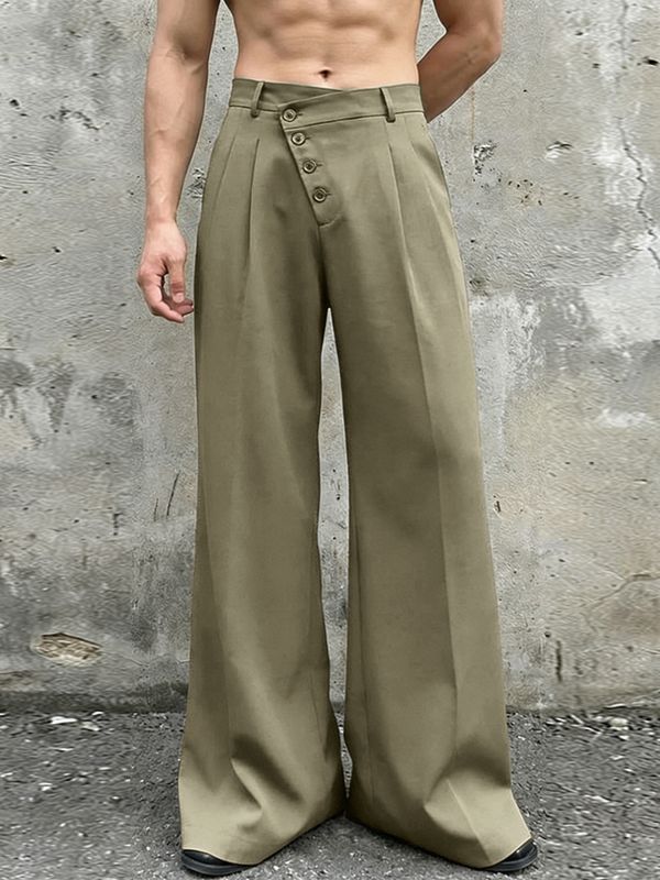 Men's Solid Color Asymmetric Placket Button Casual Pant SKUL60109