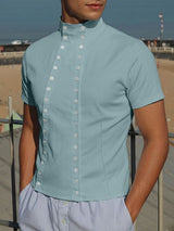 Men's Deconstructed Double Placket Button Short Sleeve Shirt SKUL59792