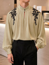 Men's Retro Contrast Floral Embroidery Keyhole Cutout Bishop Long Sleeve Stand Collar Shirt SKUL81112
