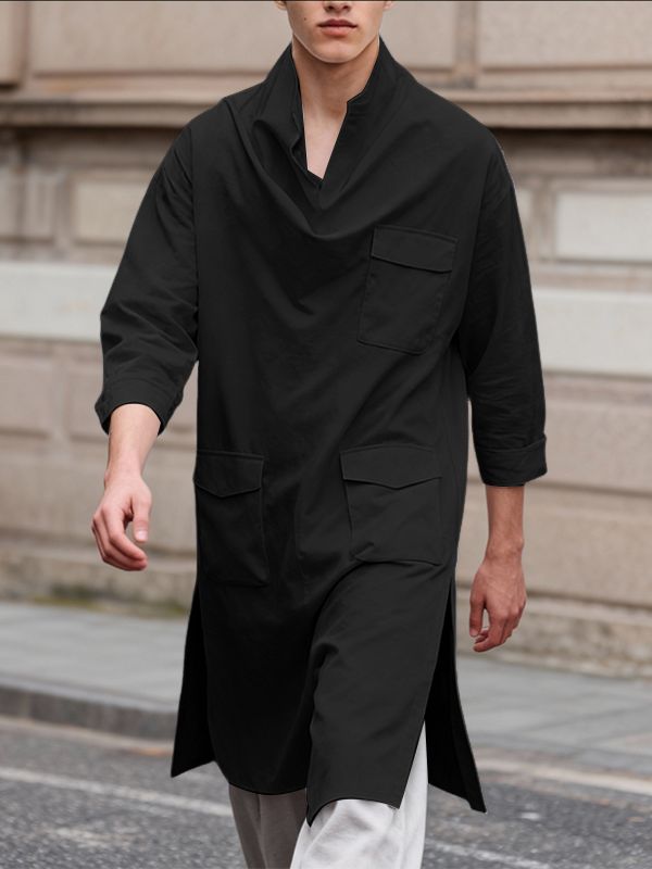 Men's 3D Pocket Draped Neck 3/4 Length Sleeve Shirt SKUL53234