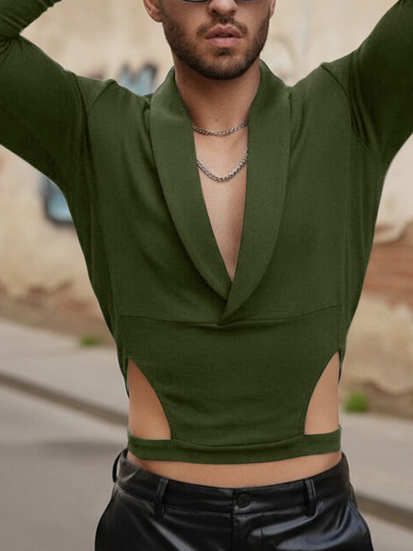 Men's Waist Cutout V Neck Long Sleeve T-shirt SKUL45203