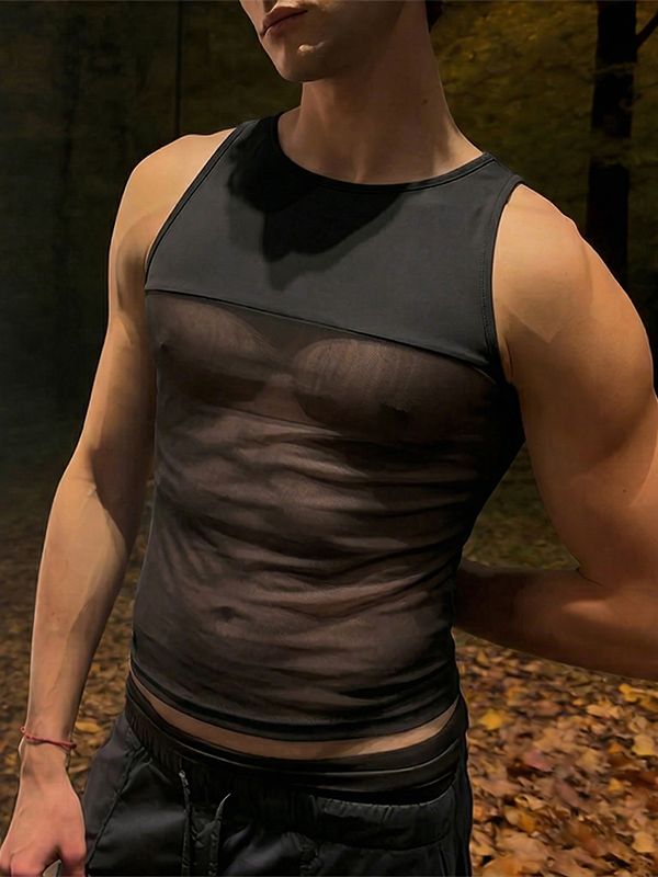 Men's Club Sexy Trend High Stretch Slim Fit Sheer Mesh Splicing Crew Neck Tank SKUL60134