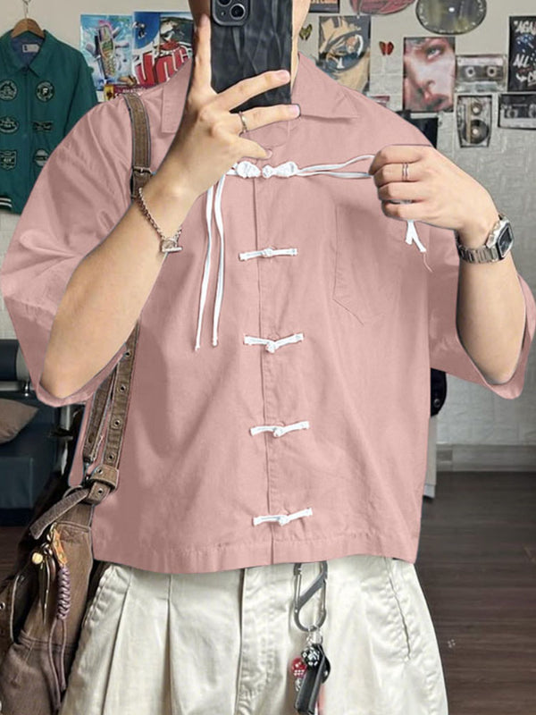 Men's Frog Button Contrast Color Short Sleeve Shirt SKUL45324