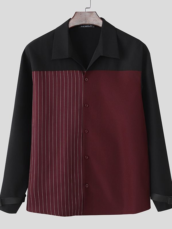 Men's Stripe Contrast Color Long Sleeve Shirt SKUL43708