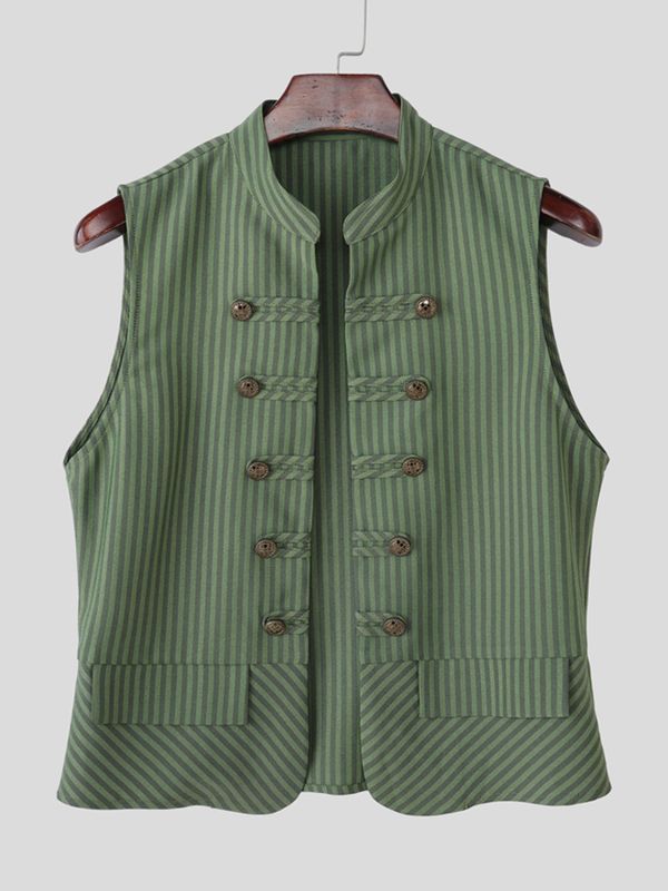 Men's Military Pinstripe Mandarin Collar Double-Breasted Waistcoat SKUL57694