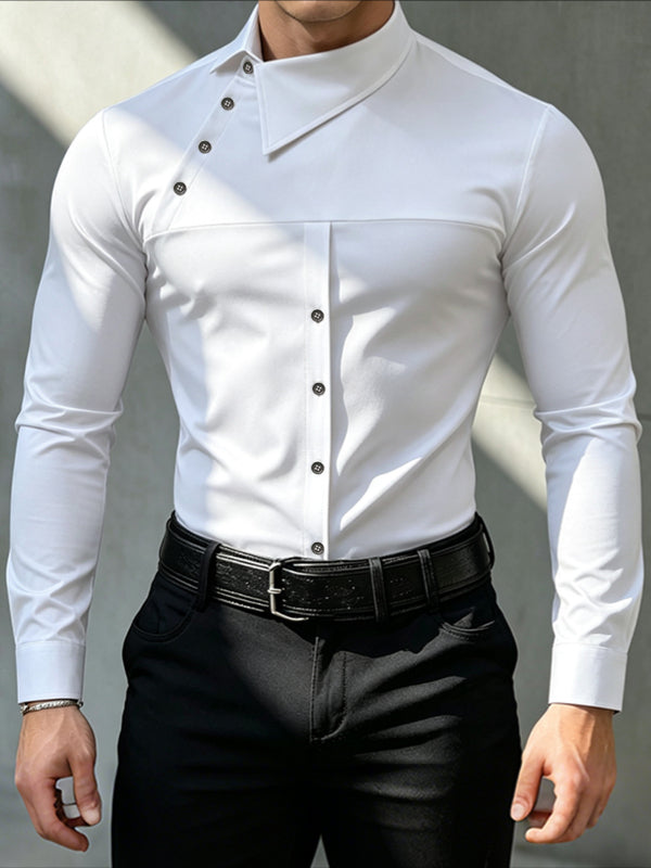 Men's Early Autumn Urban Casual Diagonal Placket Long Sleeve Lapel Collar Shirt SKUL81148
