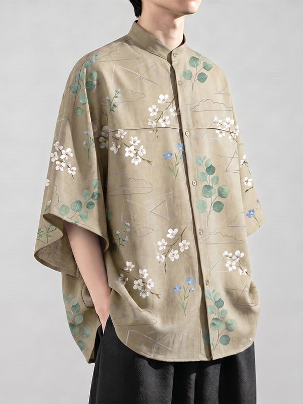 Men's Modern Neo-Chinese Landscape Floral Graphic Print Loose Batwing Sleeve Shirt SKUL73743