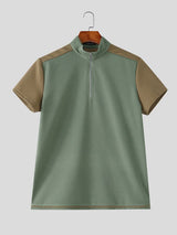 Men's Tactical Techwear Color-Block Half-Zip Stand Collar Waffle Knit Short Sleeve T-shirt SKUL73227