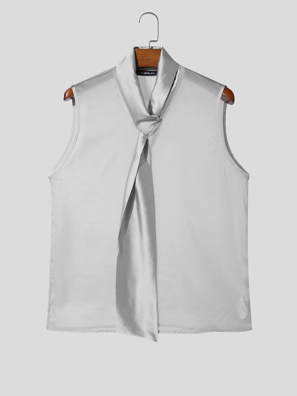 Men's Semi-Sheer Integrated Wide Tie Draped Neck Sleeveless Shirt SKUL57510