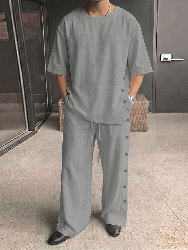 Men's Avant-Garde Modern Neo-Chinese Deconstructed Side Button Two Pieces Outfit SKUL72494