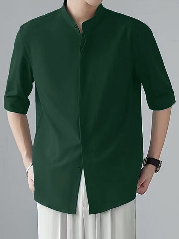 Men's Minimalist Clean-Fit Daily Commute Concealed Placket Mandarin Collar 3/4 Sleeve Shirt SKUL84679