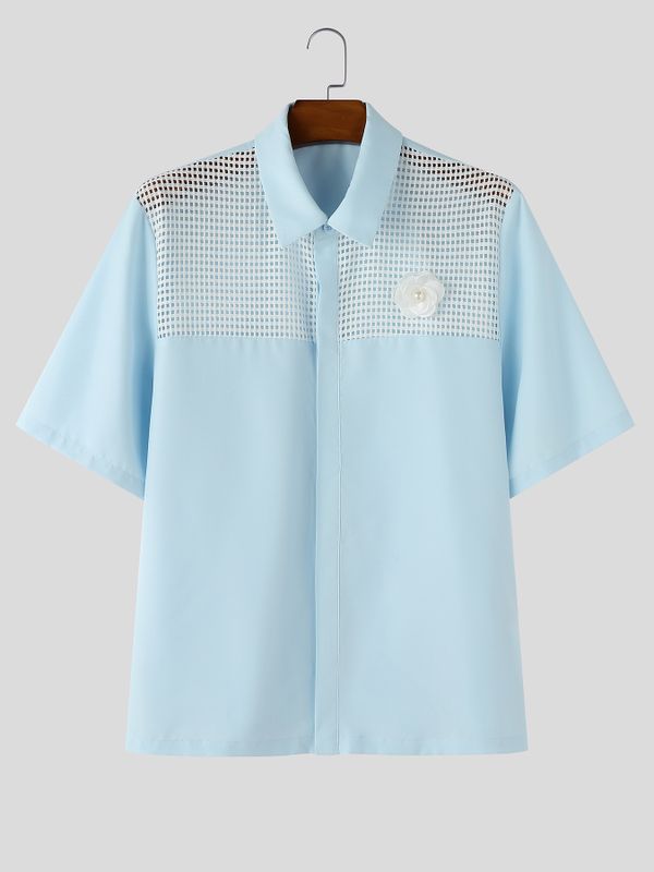 Men's High Street Yuppie Mesh Spliced 3D Flower Turn Down Collar Short Sleeve Shirt SKUL75671