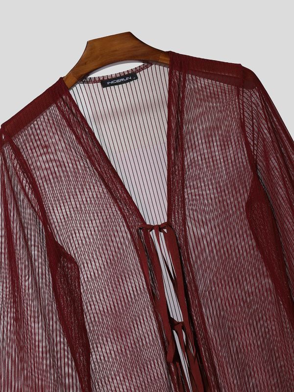 Men's Avant-Garde Longline Sheer Ribbed Tie-Front Flared Sleeve Cardigan SKUL57687