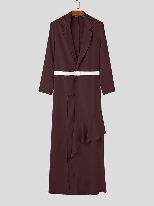 Mens Solid Color Ruffle Trim Long Blazer SKUL02257