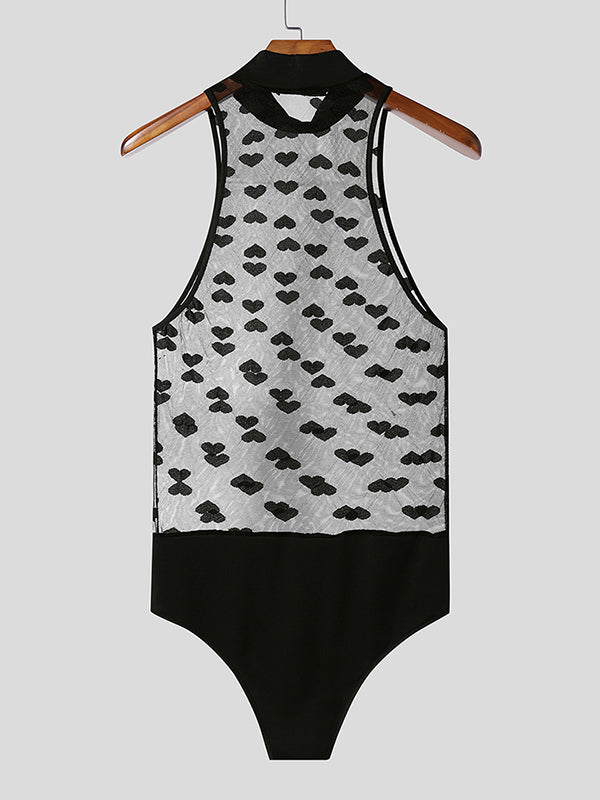 Mens Heart Print Sheer Mesh Sleeveless Bodysuit SKUL14187
