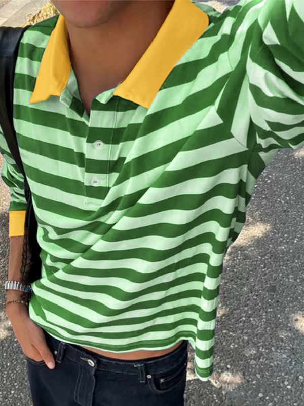 Men's Striped Contrast Turn Down Collar Long Sleeve Shirt SKUL50980