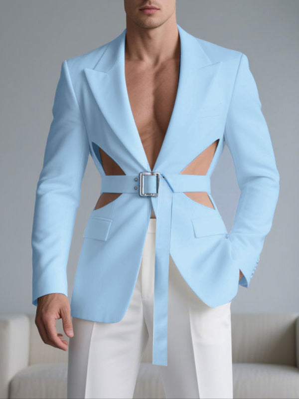 Men's Solid Hollow Out Waist Long Sleeve Casual Blazer SKUL28103