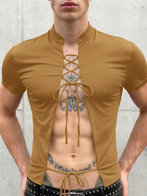 Men's Lace-Up Open Front Mandarin Collar Slim Fit Short Sleeve T-shirt SKUL57500
