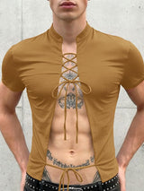 Men's Lace-Up Open Front Mandarin Collar Slim Fit Short Sleeve T-shirt SKUL57500
