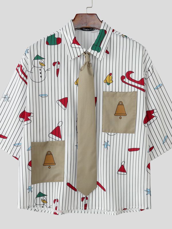 Men's Christmas Print Striped Tie Half Sleeve Shirt SKUL31820