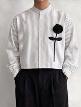 Men's Romantic Avant-Garde 3D Rose Appliqué Cropped Pinstripe Mandarin Collar Shirt SKUL79629