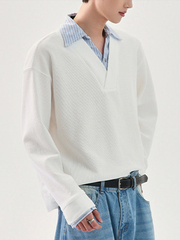 Men's Stripe Contrast Collar Long Sleeve Shirt SKUL29545