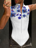 Mens Floral Print Zip Front Sleeveless Bodysuit SKUK23642