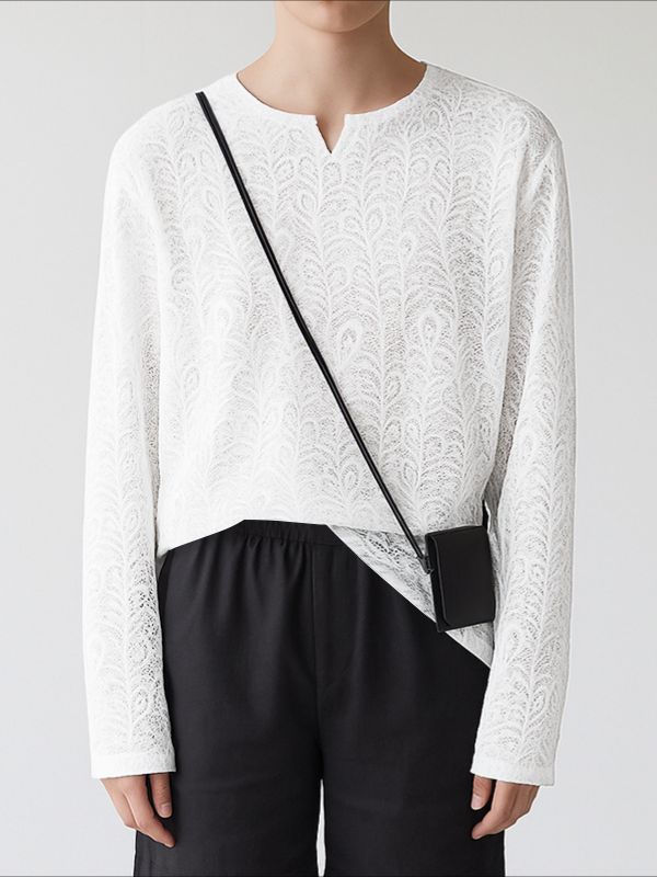 Men's Lace Semi-Sheer Long Sleeve T-shirt SKUL37720