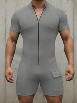 Men's Solid Color Textured Zipper Short Sleeve Bodysuit SKUL48695