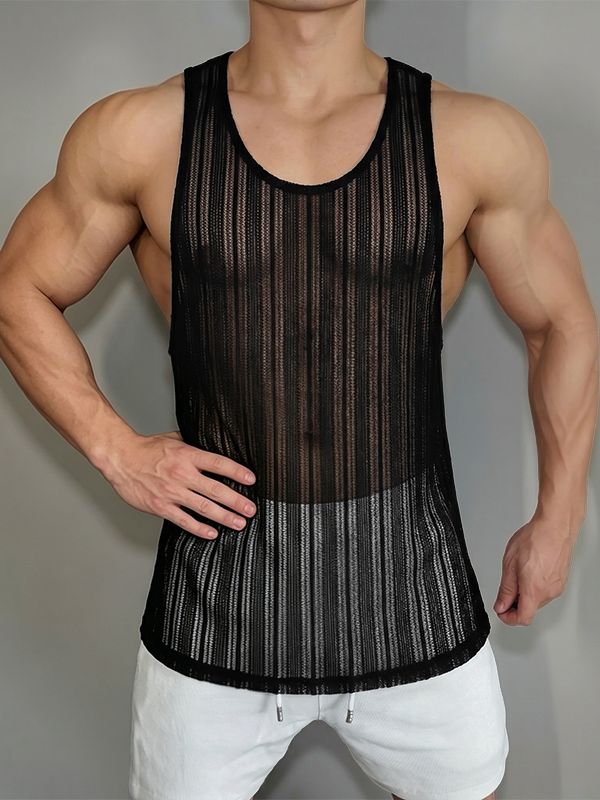 Men's Resort Sheer Striped Scoop Neck Slim Fit Tank SKUL70270