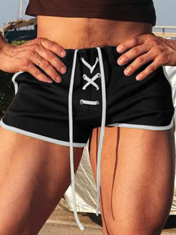 Men's Retro Gym Fitness Lace-Up Contrast Binding Extra Short Track Short SKUL67093