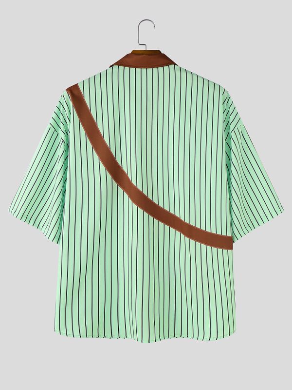 Men's Japanese Vintage Vertical Stripe Cartoon Bear Print Contrast Lapel Short Sleeve Shirt SKUL59664