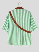 Men's Japanese Vintage Vertical Stripe Cartoon Bear Print Contrast Lapel Short Sleeve Shirt SKUL59664