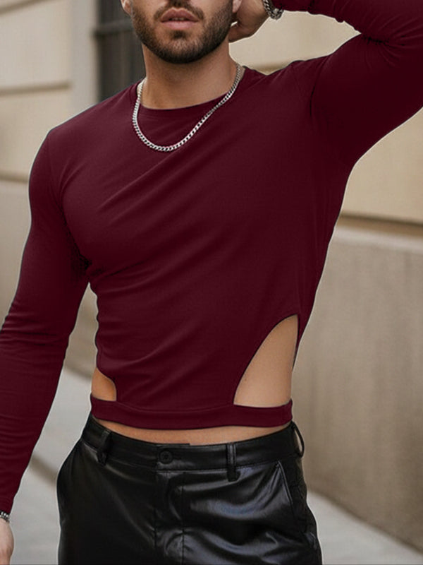 Men's Solid Color Side Cutout Long Sleeve T-shirt SKUL46515