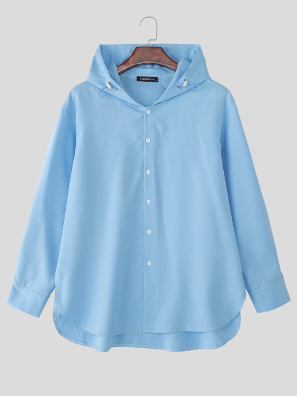Men's Solid Color Minimalist Hooded Long Sleeve Shirt SKUL31682
