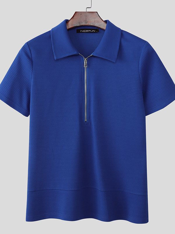 Men's Solid Color Textured Half Zip Short Sleeve T-shirt SKUL47895