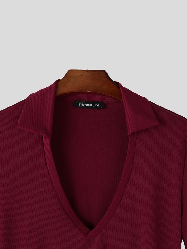 Men's Solid Color Textured Lapel Short Sleeve Shirt SKUL57814