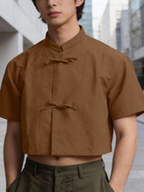 Men's New Chinese Style Frog Button Cropped Short Sleeve Shirt SKUL55599